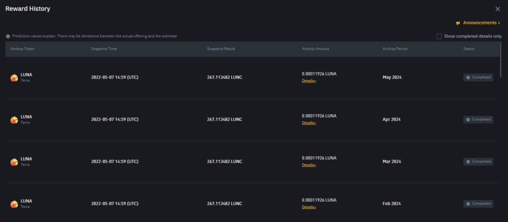 Binance Airdrop Reward History